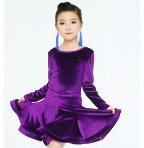 Purple violet black and red long sleeves velvet competition girls kids children stage performance latin ballroom dance dresses sets 